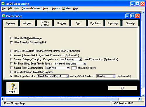 MYOB Accounting Preferences dialog box