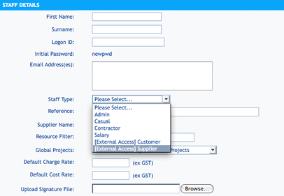 New StaffType categories: External Access Customer and External Access Supplier